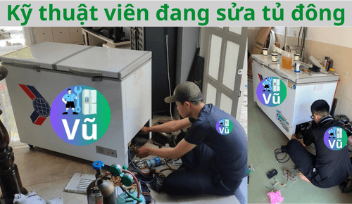 Kỹ thuật viên đang sửa tủ đông