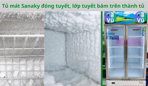 Tủ mát Sanaky đóng tuyết, lớp tuyết bám trên thành tủ