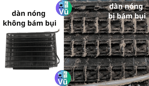 hình ảnh so sánh dàn nóng bị bám bụi và dàn nóng không bám bụi