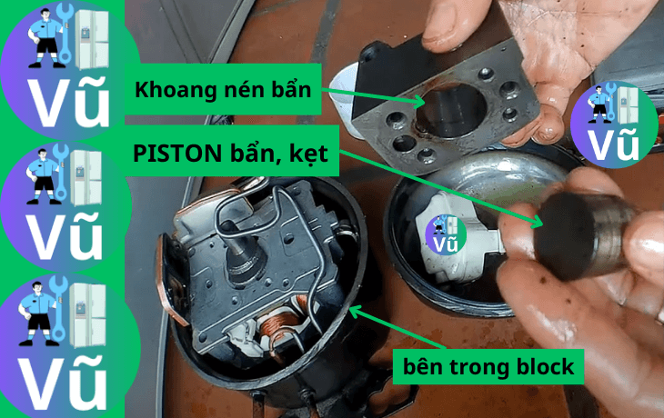 block tủ lạnh bị kêu do piston khoang nén bẩn và bị kẹt