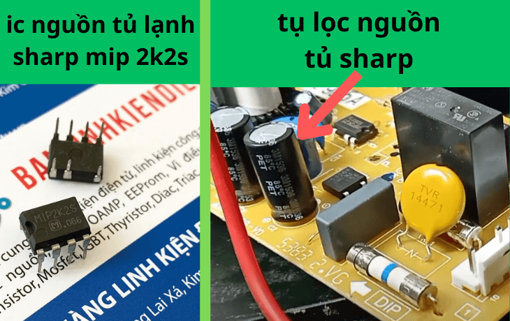 ic nguồn và tụ lọc nguồn bên trong bảng mạch tủ lạnh sharp