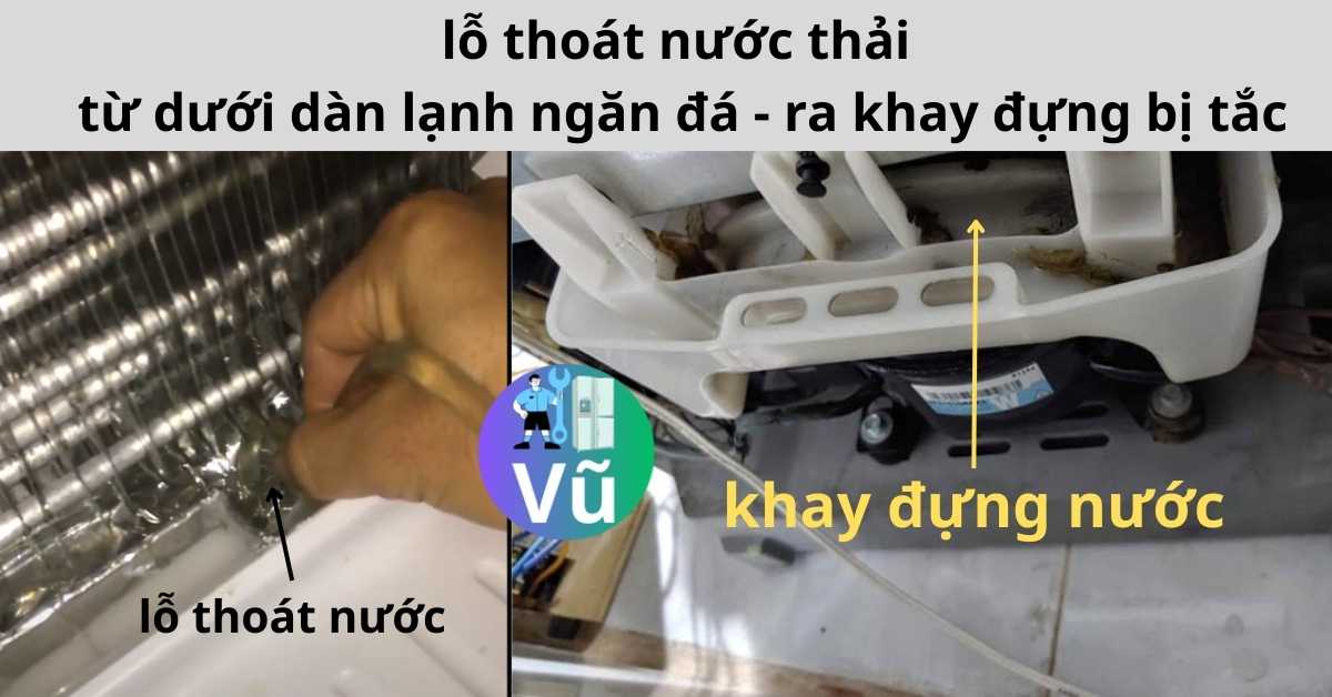 lỗ thoát nước thải từ dưới dàn lạnh ngăn đá ra khay chứa nước phía sau bị tắc
