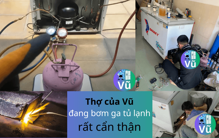 thợ của vũ đang bơm ga tủ lạnh rất cẩn thận