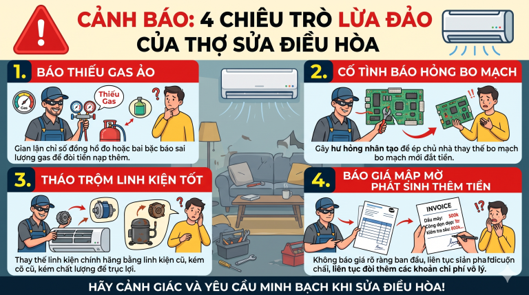 Đồ họa cảnh báo 4 chiêu trò lừa đảo của thợ sửa điều hòa: Báo thiếu gas ảo, cố tình báo hỏng bo mạch, tháo trộm linh kiện tốt và báo giá mập mờ phát sinh thêm tiền