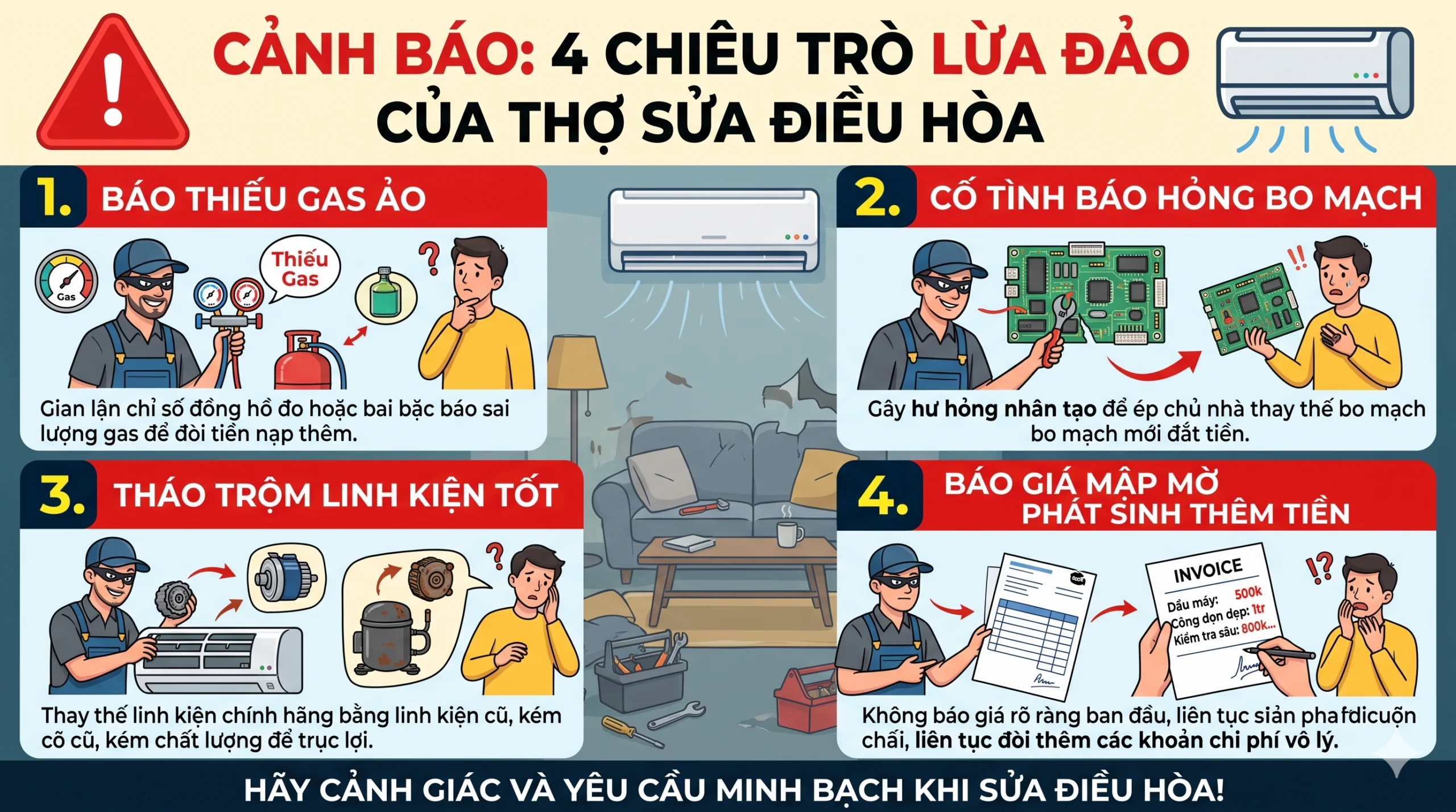 Đồ họa cảnh báo 4 chiêu trò lừa đảo của thợ sửa điều hòa: Báo thiếu gas ảo, cố tình báo hỏng bo mạch, tháo trộm linh kiện tốt và báo giá mập mờ phát sinh thêm tiền
