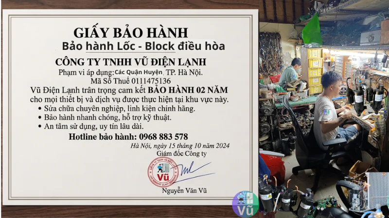 Thông tin đăng ký kinh doanh Công ty TNHH Vũ Điện Lạnh mã số thuế 0111475136 và văn bản chứng nhận cam kết trách nhiệm bảo hành sửa chữa thay thế block máy nén điều hòa 02 năm tại nhà Hà Nội
