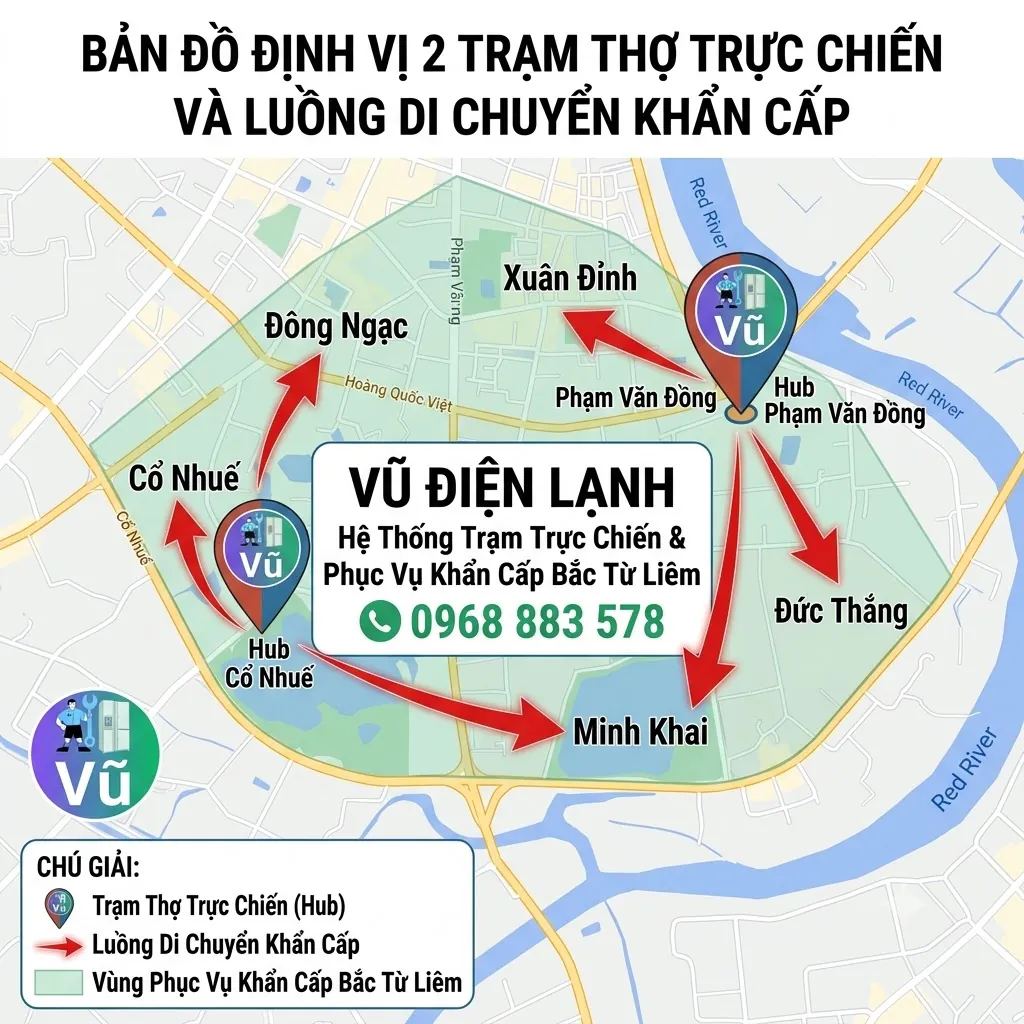 Bản đồ định vị 2 trạm thợ trực chiến Phạm Văn Đồng, Cổ Nhuế và luồng di chuyển khẩn cấp sửa điều hòa của Vũ Điện Lạnh đến Xuân Đỉnh Đông Ngạc Đức Thắng Minh Khai Bắc Từ Liêm