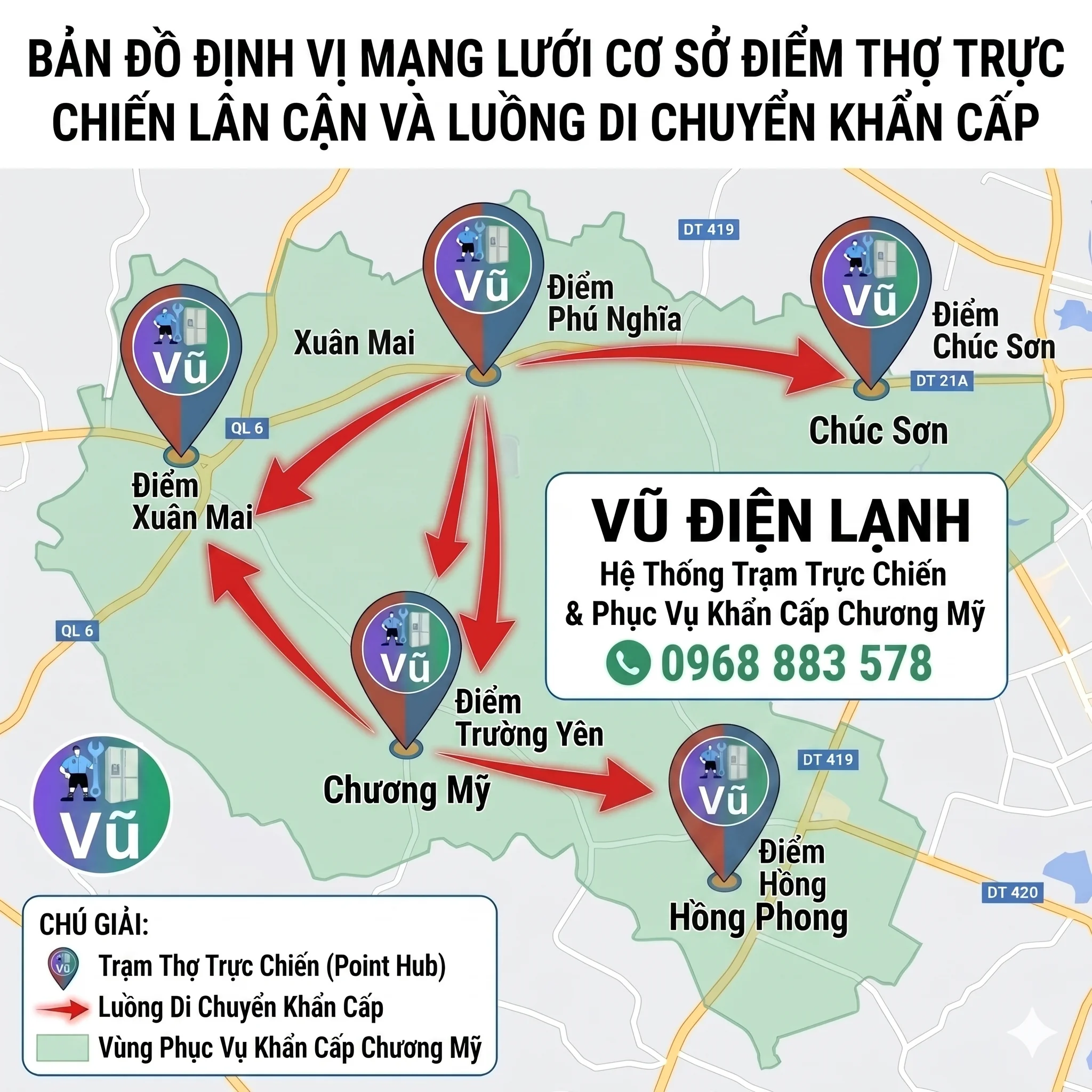Bản đồ định vị mạng lưới cơ sở điểm thợ trực chiến lân cận và luồng di chuyển khẩn cấp sửa điều hòa của Vũ Điện Lạnh đến các khu vực Chúc Sơn, Xuân Mai, Phú Nghĩa, Trường Yên, Hồng Phong huyện Chương Mỹ