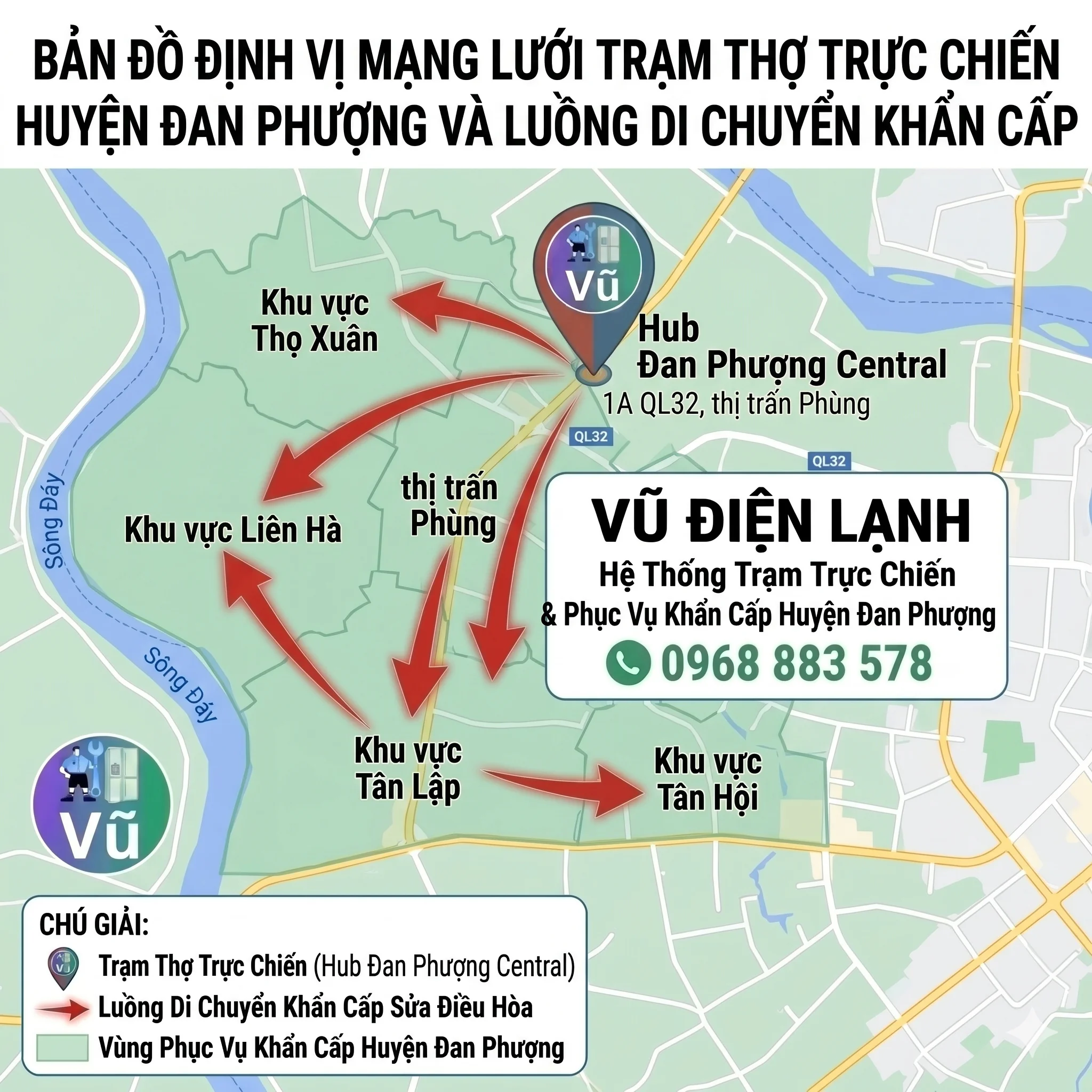 Bản đồ định vị mạng lưới cơ sở điểm thợ trực chiến lân cận và luồng di chuyển khẩn cấp sửa điều hòa của Vũ Điện Lạnh đến các khu vực thị trấn Phùng, Tân Hội, Tân Lập, Liên Hà, Thọ Xuân huyện Đan Phượng
