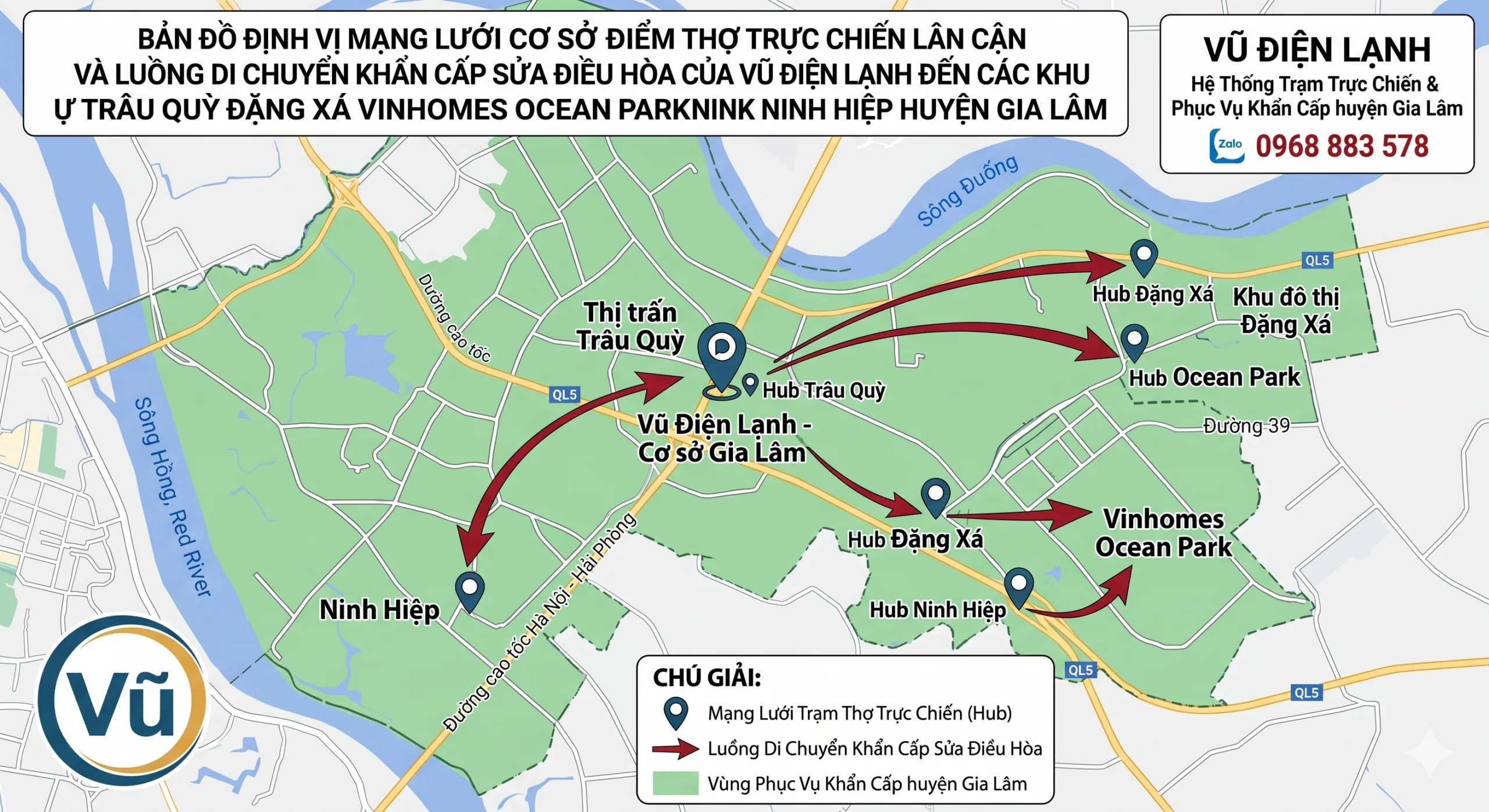Bản đồ định vị mạng lưới cơ sở điểm thợ trực chiến lân cận và luồng di chuyển khẩn cấp sửa điều hòa của Vũ Điện Lạnh đến các khu vực Trâu Quỳ Đặng Xá Vinhomes Ocean Park Ninh Hiệp huyện Gia Lâm