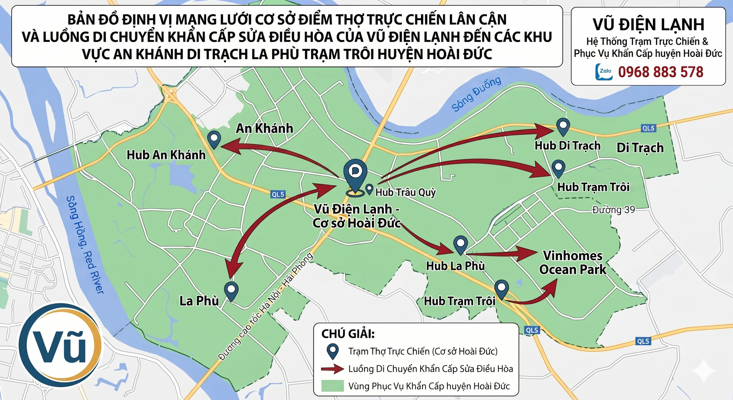 Bản đồ định vị mạng lưới cơ sở điểm thợ trực chiến lân cận và luồng di chuyển khẩn cấp sửa điều hòa của Vũ Điện Lạnh đến các khu vực An Khánh Di Trạch La Phù Trạm Trôi huyện Hoài Đức