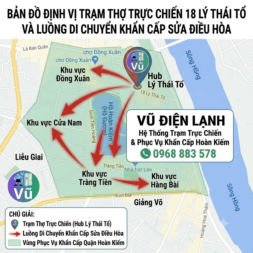 Bản đồ định vị trạm thợ trực chiến 18 Lý Thái Tổ và luồng di chuyển khẩn cấp sửa điều hòa của Vũ Điện Lạnh đến các khu vực Tràng Tiền Hàng Bài Đồng Xuân Cửa Nam quận Hoàn Kiếm