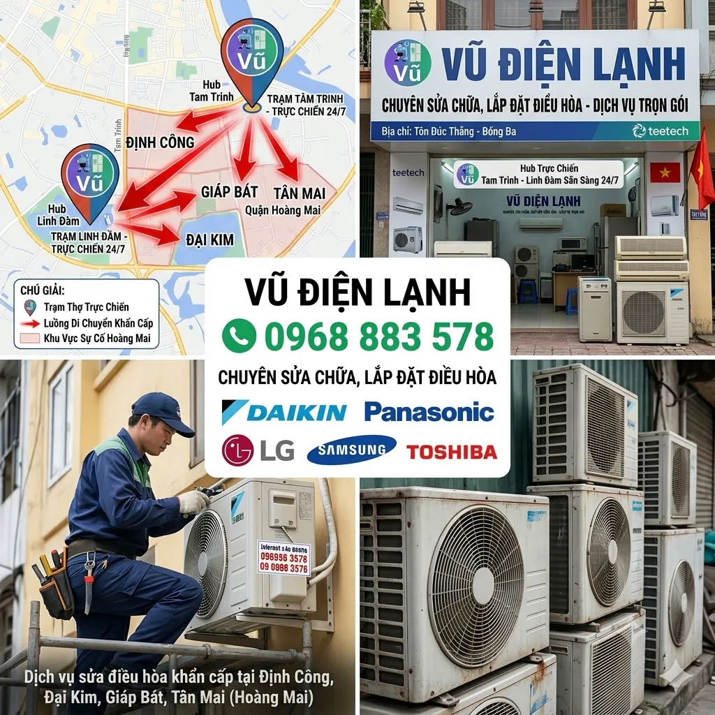Bản đồ định vị 2 trạm thợ trực chiến Tam Trinh, Linh Đàm và luồng di chuyển khẩn cấp sửa điều hòa của Vũ Điện Lạnh đến Định Công Đại Kim Giáp Bát Tân Mai Hoàng Mai