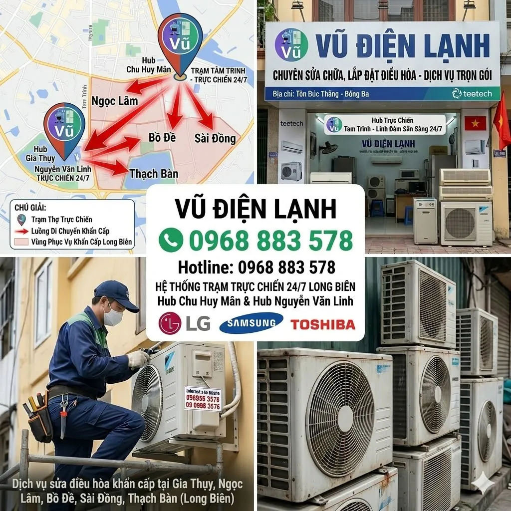 Bản đồ định vị 2 trạm thợ trực chiến Chu Huy Mân, Nguyễn Văn Linh và luồng di chuyển khẩn cấp sửa điều hòa của Vũ Điện Lạnh đến Gia Thụy Ngọc Lâm Bồ Đề Sài Đồng Thạch Bàn Long Biên