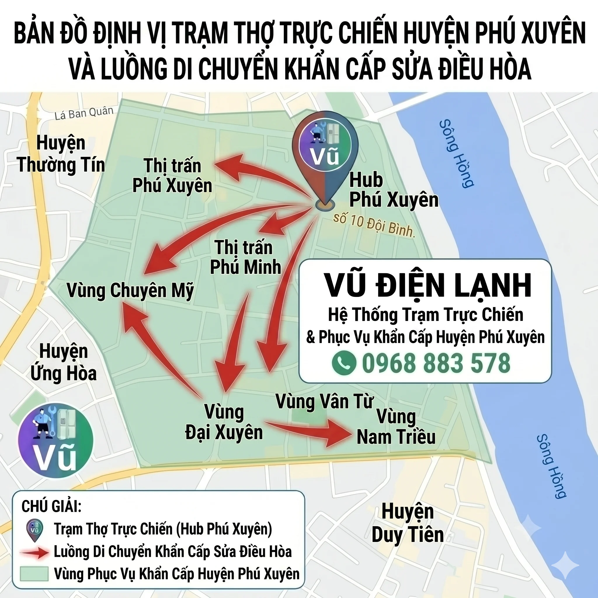 Bản đồ định vị mạng lưới cơ sở điểm thợ trực chiến lân cận và luồng di chuyển khẩn cấp sửa điều hòa của Vũ Điện Lạnh đến các khu vực thị trấn Phú Xuyên, thị trấn Phú Minh, Vân Từ, Chuyên Mỹ, Đại Xuyên, Nam Triều huyện Phú Xuyên