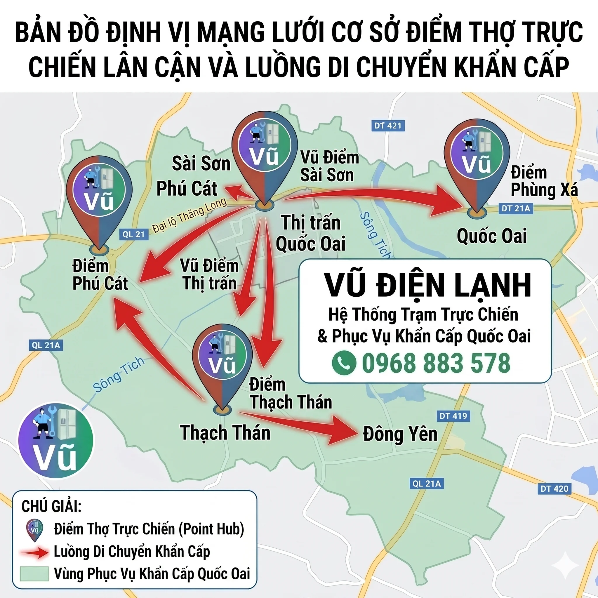 Bản đồ định vị mạng lưới cơ sở điểm thợ trực chiến lân cận và luồng di chuyển khẩn cấp sửa điều hòa của Vũ Điện Lạnh đến các khu vực thị trấn Quốc Oai, Sài Sơn, Phú Cát, Thạch Thán, Đông Yên huyện Quốc Oai