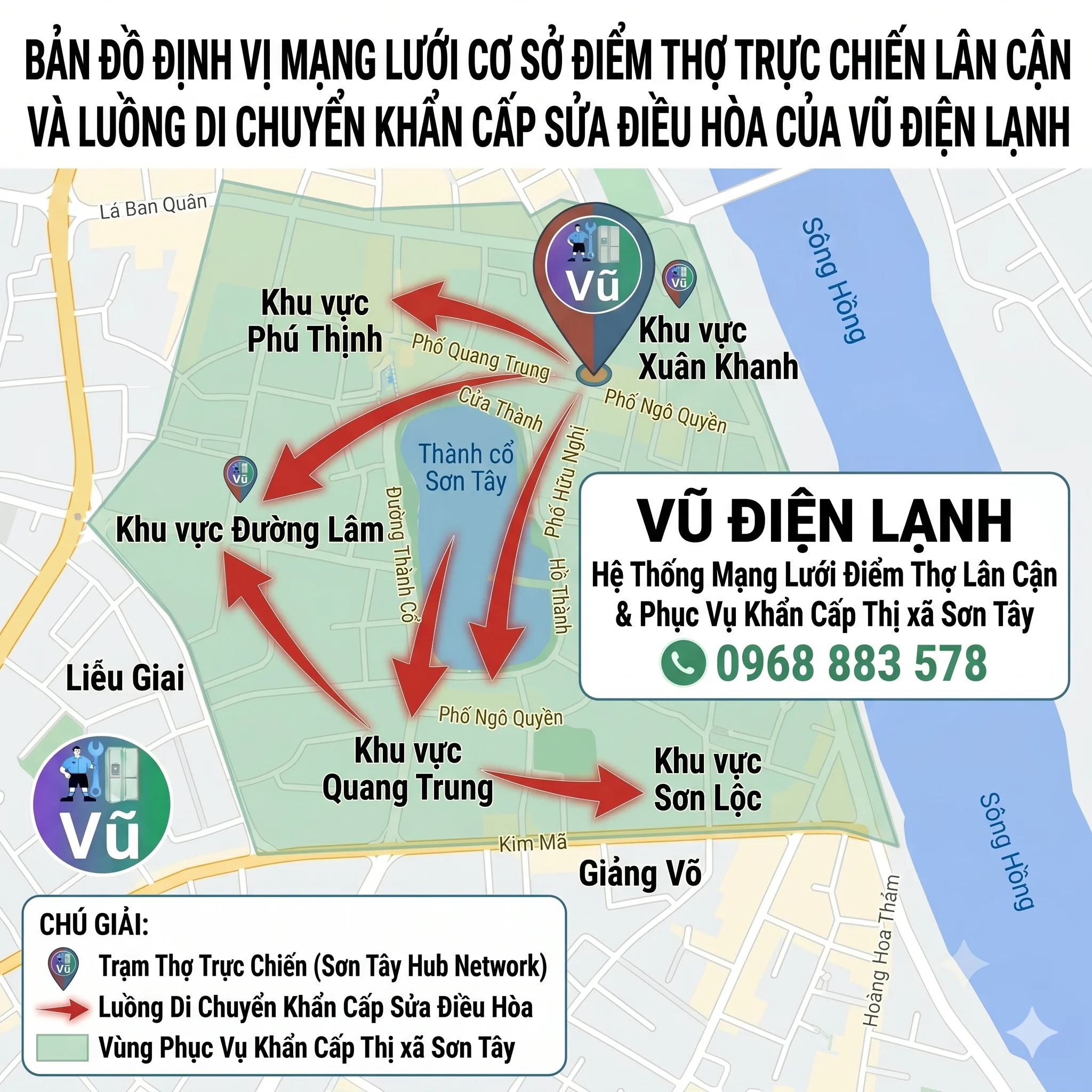 Bản đồ định vị mạng lưới cơ sở điểm thợ trực chiến lân cận và luồng di chuyển khẩn cấp sửa điều hòa của Vũ Điện Lạnh đến các khu vực Phú Thịnh Xuân Khanh Quang Trung Đường Lâm Sơn Lộc thị xã Sơn Tây