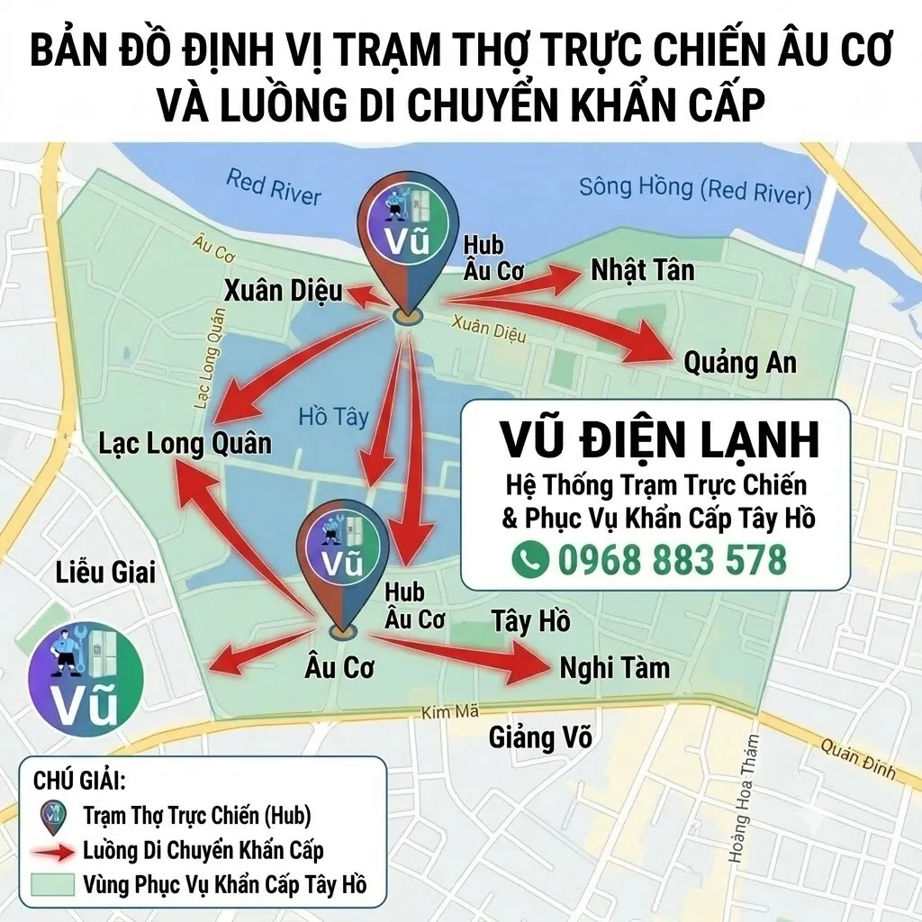 Bản đồ định vị trạm thợ trực chiến Âu Cơ và luồng di chuyển khẩn cấp sửa điều hòa của Vũ Điện Lạnh đến Lạc Long Quân Nghi Tàm Xuân Diệu Nhật Tân Quảng An Tây Hồ