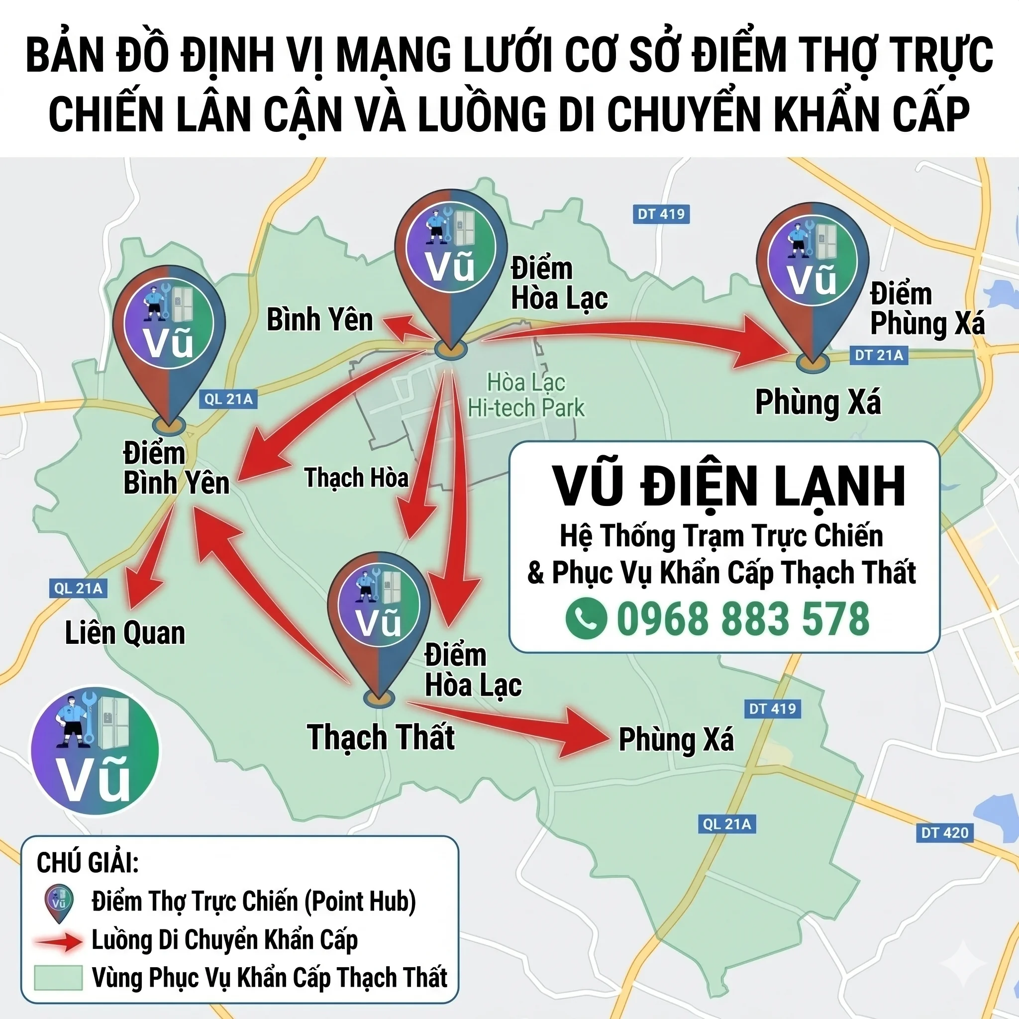 Bản đồ định vị mạng lưới cơ sở điểm thợ trực chiến lân cận và luồng di chuyển khẩn cấp sửa điều hòa của Vũ Điện Lạnh đến các khu vực Liên Quan, Bình Yên, Tân Xã, Thạch Hòa, Phùng Xá huyện Thạch Thất