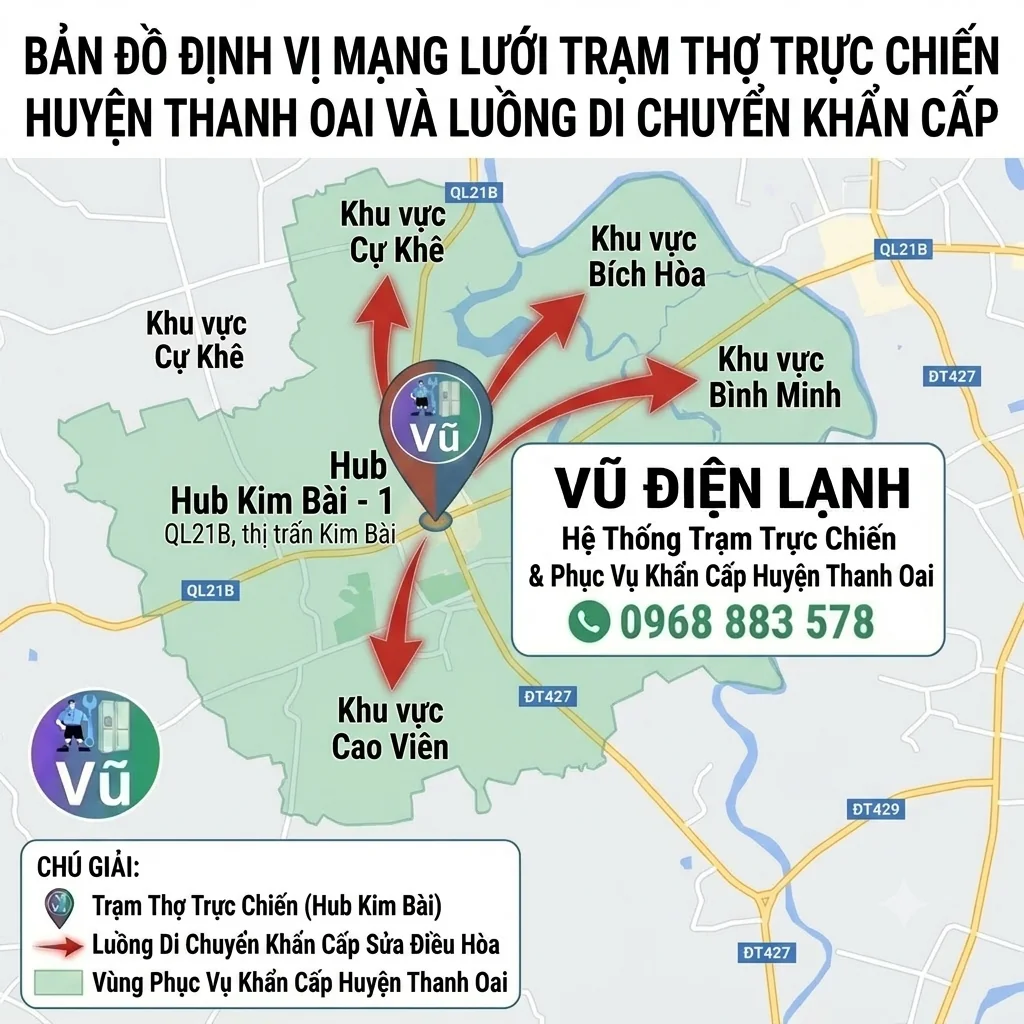 Bản đồ định vị mạng lưới cơ sở điểm thợ trực chiến lân cận và luồng di chuyển khẩn cấp sửa điều hòa của Vũ Điện Lạnh đến các khu vực Kim Bài Bích Hòa Bình Minh Cao Viên Cự Khê huyện Thanh Oai
