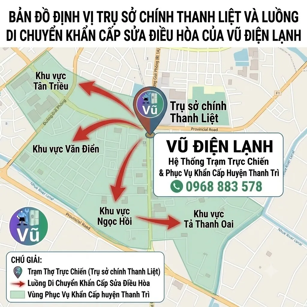 Bản đồ định vị trụ sở chính Thanh Liệt và luồng di chuyển khẩn cấp sửa điều hòa của Vũ Điện Lạnh đến các khu vực Văn Điển Ngọc Hồi Tân Triều Tả Thanh Oai huyện Thanh Trì