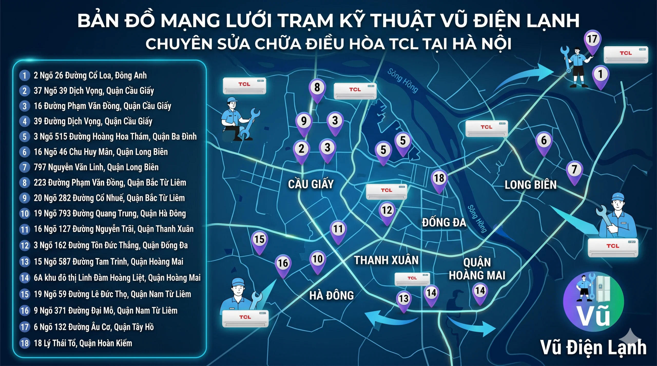 Bản đồ định vị các trạm kỹ thuật trực chiến sửa chữa điều hòa TCL của Vũ Điện Lạnh bao phủ các quận Thanh Xuân Cầu Giấy Long Biên Hà Đông Đống Đa Hà Nội