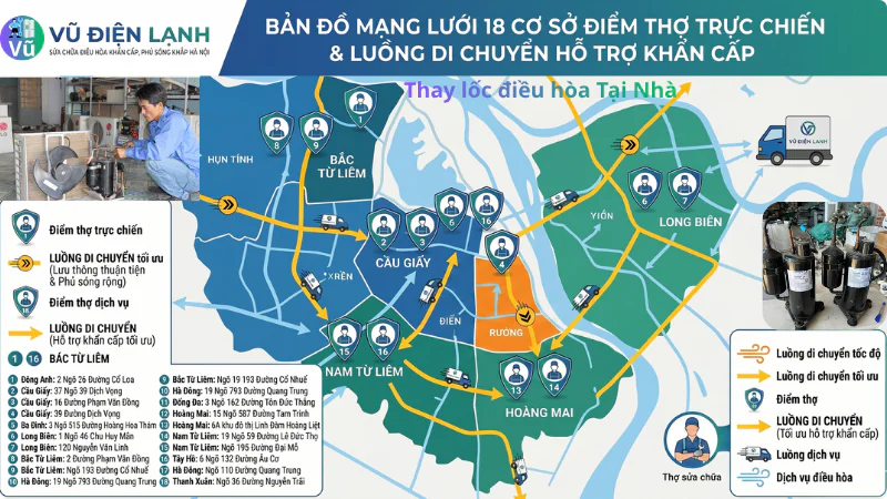 Bản đồ định vị 18 trạm trực chiến kỹ thuật của Vũ Điện Lạnh tỏa đi sửa chữa và thay thế block máy nén điều hòa khẩn cấp tại các quận Thanh Xuân Hà Đông Hoàng Mai Cầu Giấy Hai Bà Trưng Hà Nội