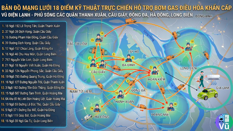 Bản đồ mạng lưới 18 điểm kỹ thuật trực chiến hỗ trợ bơm gas điều hòa khẩn cấp của Vũ Điện Lạnh phủ sóng các quận Thanh Xuân, Cầu Giấy, Đống Đa, Hà Đông, Long Biên tại Hà Nội
