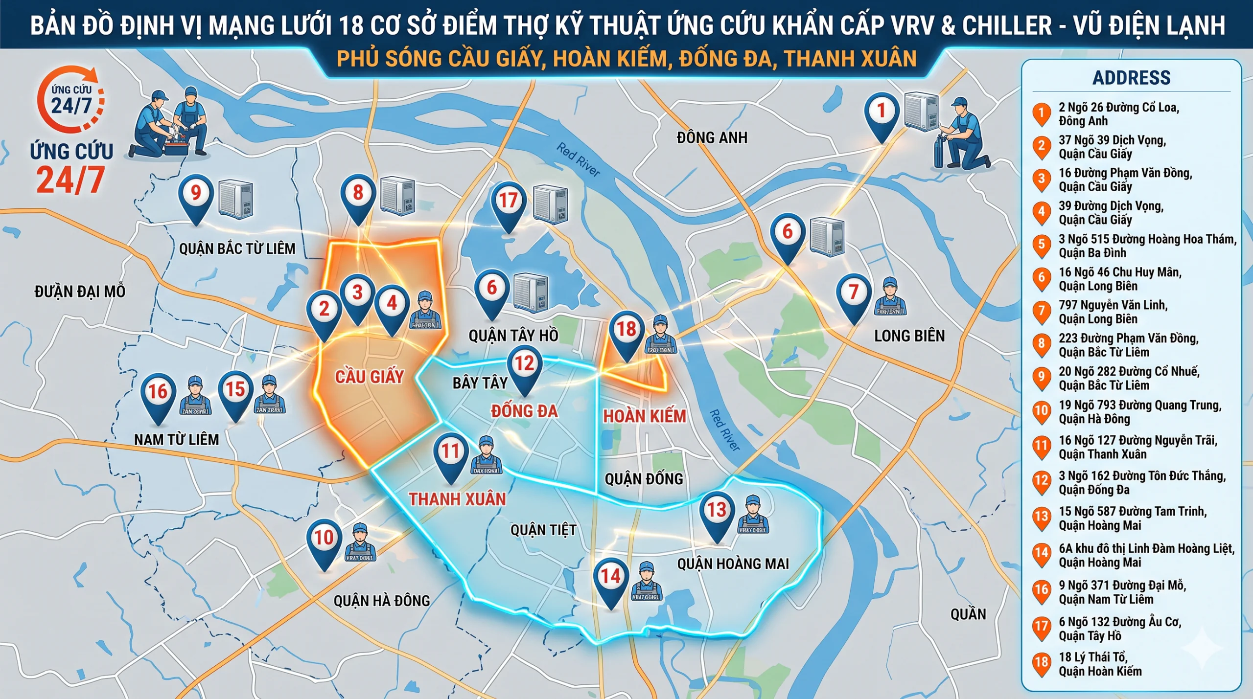 Bản đồ định vị mạng lưới 18 cơ sở điểm thợ kỹ thuật ứng cứu khẩn cấp hệ thống điều hòa trung tâm VRV, Chiller của Vũ Điện Lạnh phủ sóng các quận Cầu Giấy, Hoàn Kiếm, Đống Đa, Thanh Xuân