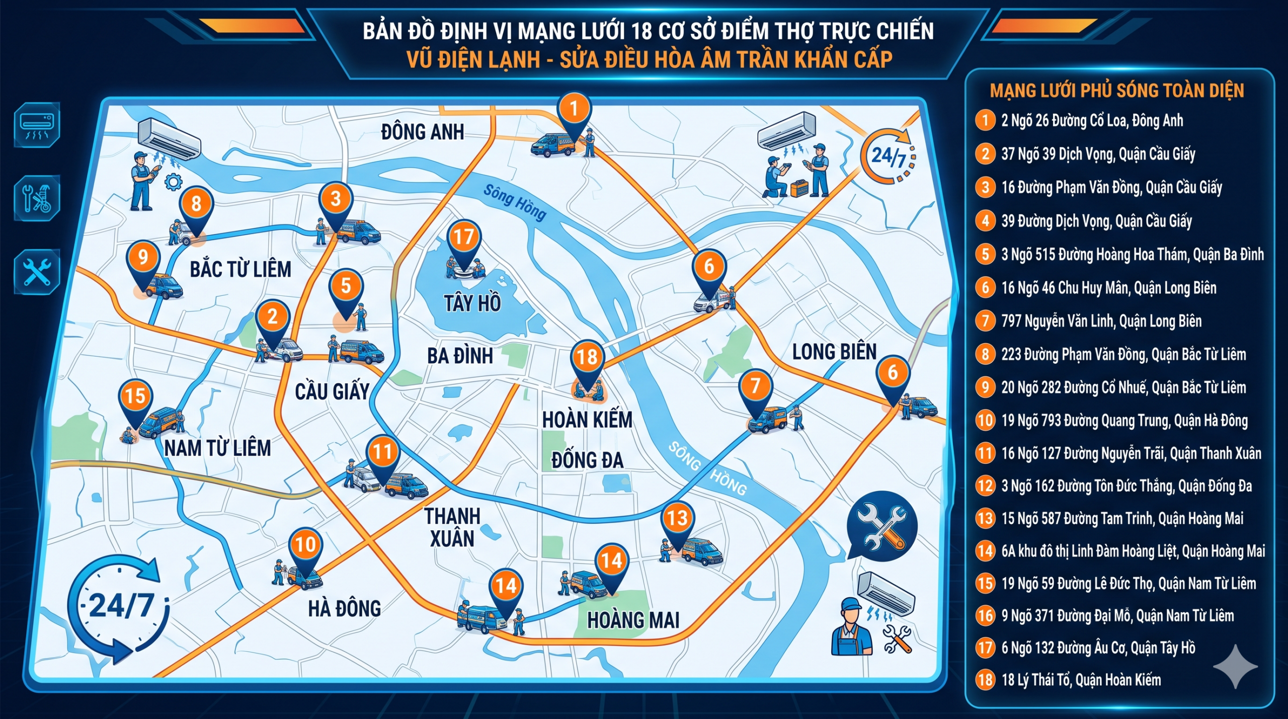 Bản đồ định vị mạng lưới 18 cơ sở điểm thợ trực chiến hỗ trợ sửa điều hòa âm trần khẩn cấp của Vũ Điện Lạnh bao phủ các quận Cầu Giấy, Thanh Xuân, Hoàn Kiếm, Đống Đa, Long Biên tại Hà Nội