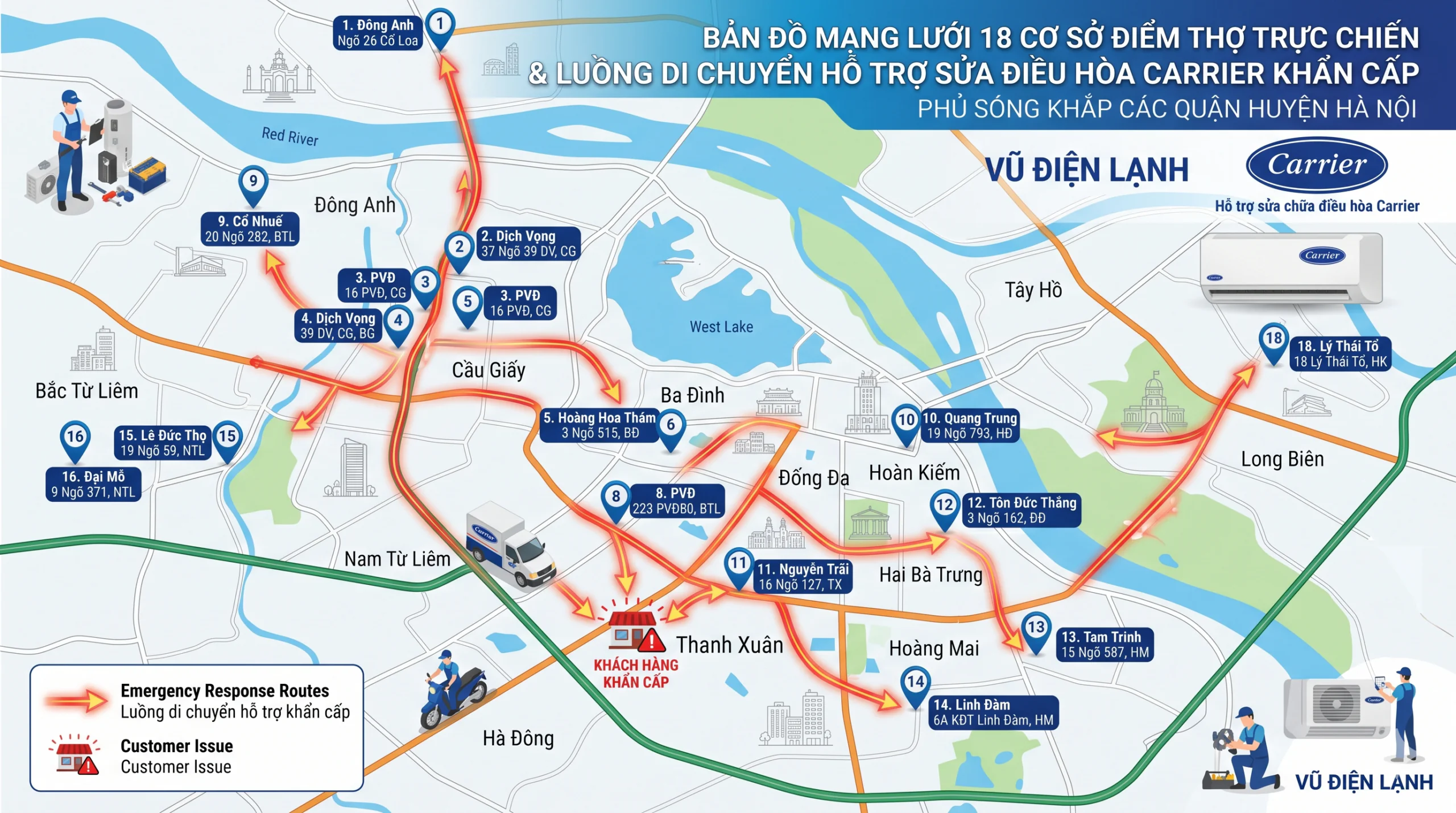 Bản đồ định vị mạng lưới 18 cơ sở điểm thợ trực chiến và luồng di chuyển hỗ trợ sửa điều hòa Carrier khẩn cấp của Vũ Điện Lạnh phủ sóng khắp các quận huyện Hà Nội