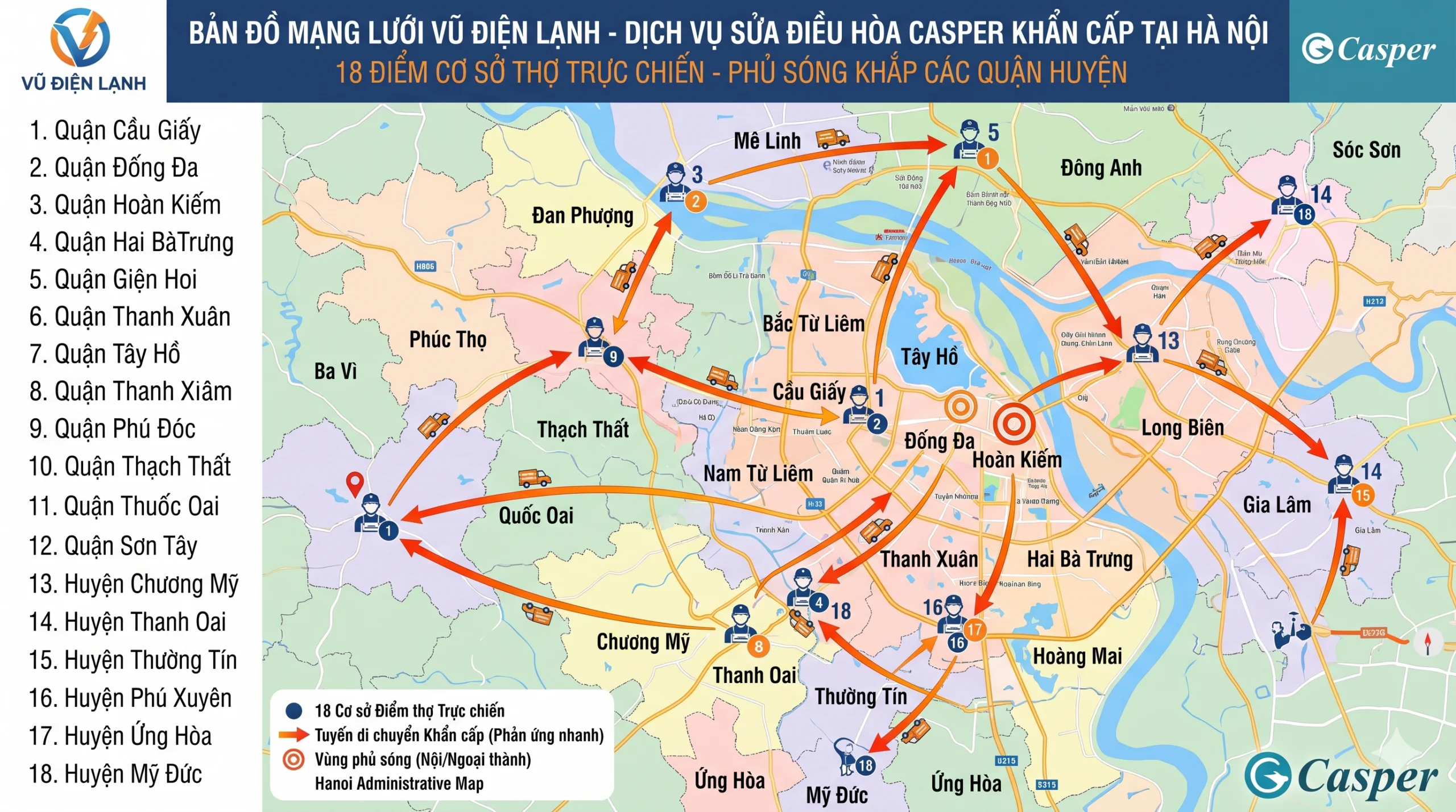 Bản đồ định vị mạng lưới 18 cơ sở điểm thợ trực chiến và luồng di chuyển hỗ trợ sửa điều hòa Casper khẩn cấp của Vũ Điện Lạnh phủ sóng khắp các quận huyện Hà Nội