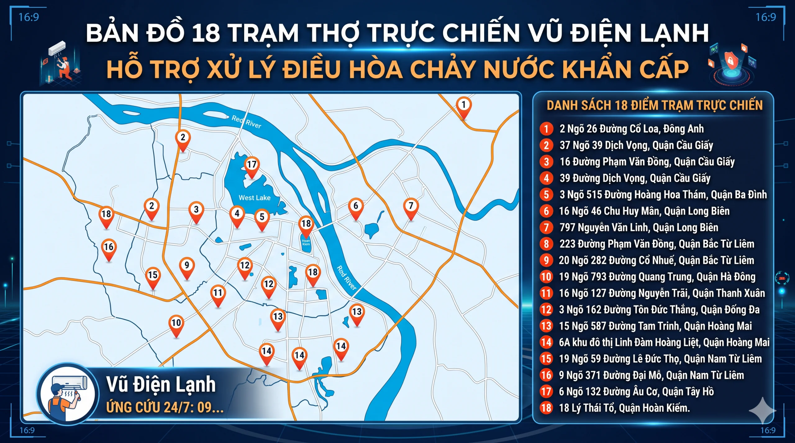 Bản đồ định vị 18 trạm thợ trực chiến hỗ trợ xử lý điều hòa chảy nước khẩn cấp của Vũ Điện Lạnh tại các quận nội thành Hà Nội