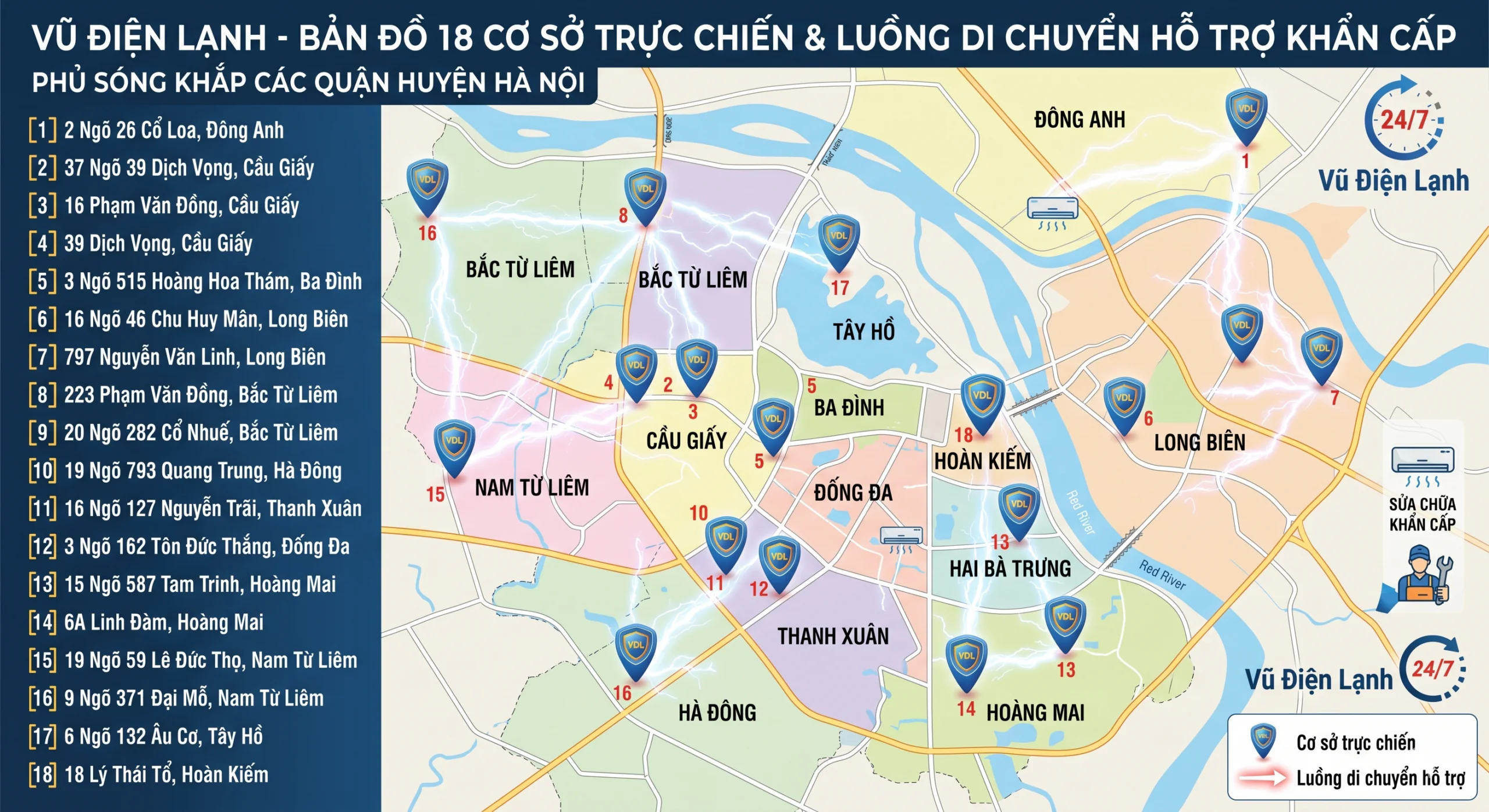 Bản đồ định vị mạng lưới 18 cơ sở điểm thợ trực chiến sửa điều hòa Fujitsu của Vũ Điện Lạnh