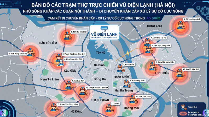 Bản đồ phạm vi hỗ trợ kiểm tra và sửa cục nóng điều hòa của Vũ Điện Lạnh tại Hà Nội
