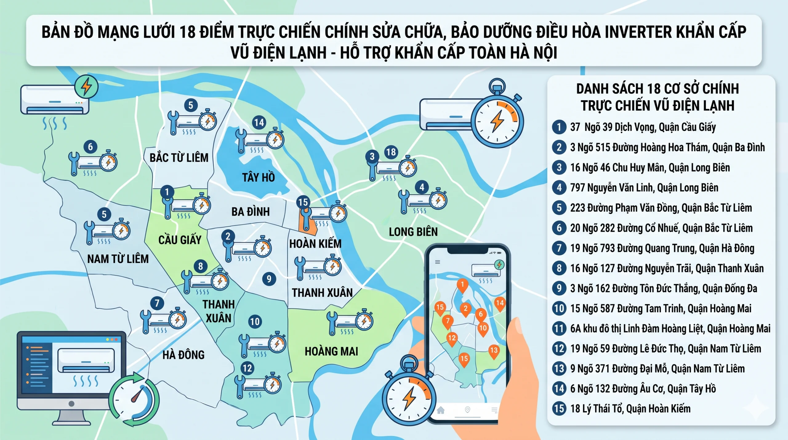 Bản đồ định vị mạng lưới 18 cơ sở điểm thợ trực chiến hỗ trợ sửa chữa và bảo dưỡng điều hòa Inverter khẩn cấp của Vũ Điện Lạnh phủ sóng khắp các quận huyện Hà Nội