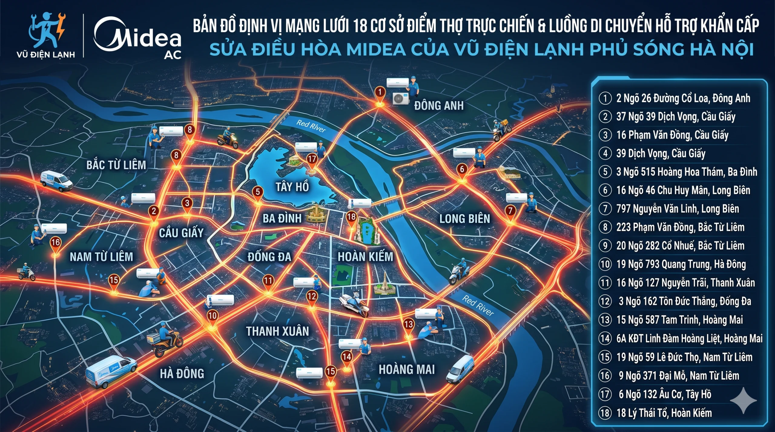 Bản đồ mạng lưới điểm thợ hỗ trợ sửa điều hòa Midea tại Hà Nội của Vũ Điện Lạnh