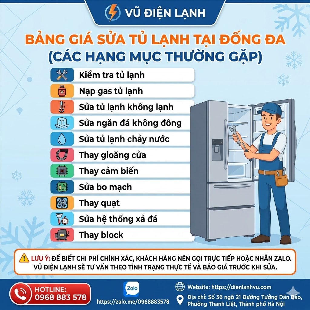 Bảng Giá Sửa Tủ Lạnh Tại Đống Đa
