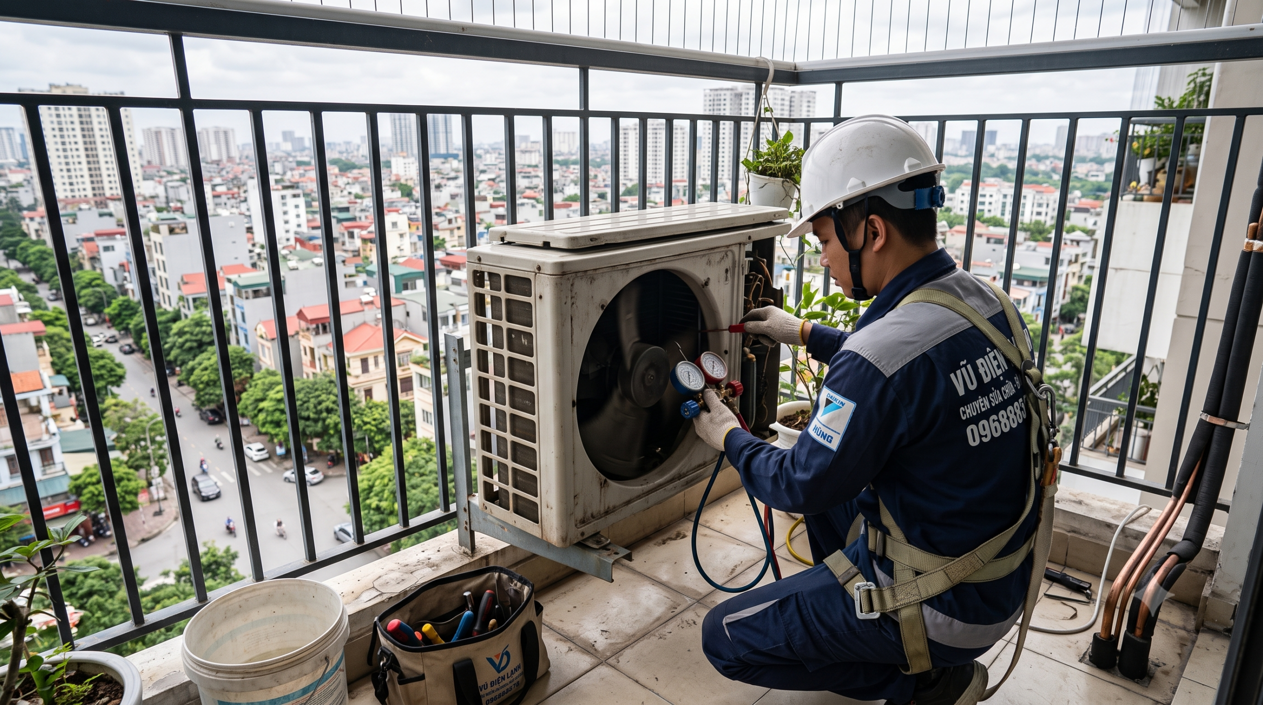 Thợ Vũ Điện Lạnh bảo dưỡng dàn nóng điều hòa tại nhà ở Hà Nội.