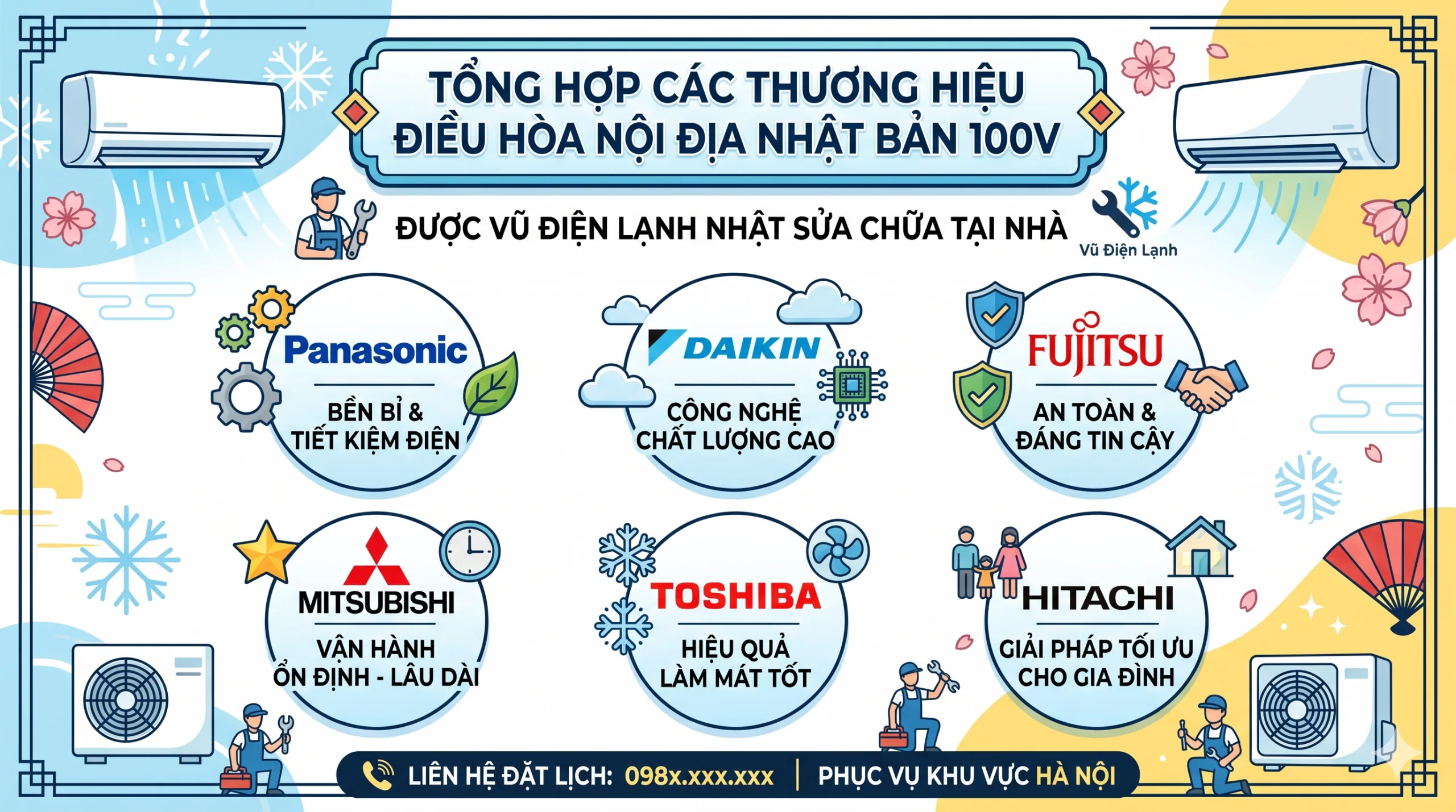Tổng hợp các thương hiệu điều hòa nội địa Nhật Bản 100V được Vũ Điện Lạnh nhận sửa chữa tại nhà: Panasonic, Daikin, Fujitsu, Mitsubishi, Toshiba, Hitachi