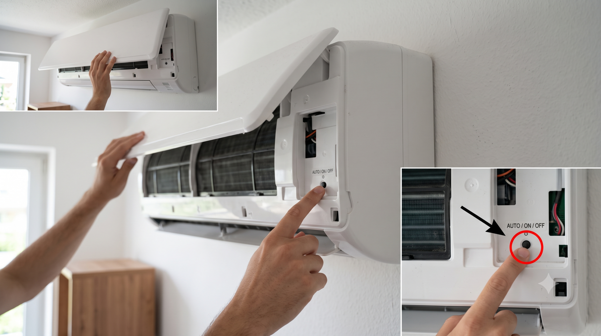 Hướng dẫn cách tìm và bấm nút nguồn phụ (nút Auto/On/Off) ẩn bên dưới mặt nạ nhựa của dàn lạnh để bật điều hòa khi không có điều khiển