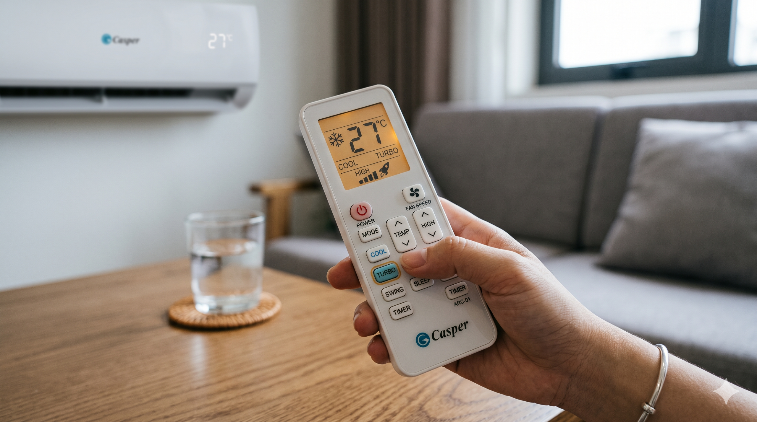 Hướng dẫn cách chỉnh điều hòa Casper làm mát nhanh và tiết kiệm điện: Chọn chế độ COOL, bật chế độ TURBO, chỉnh nhiệt độ 26-28 độ C và bật quạt gió mức HIGH