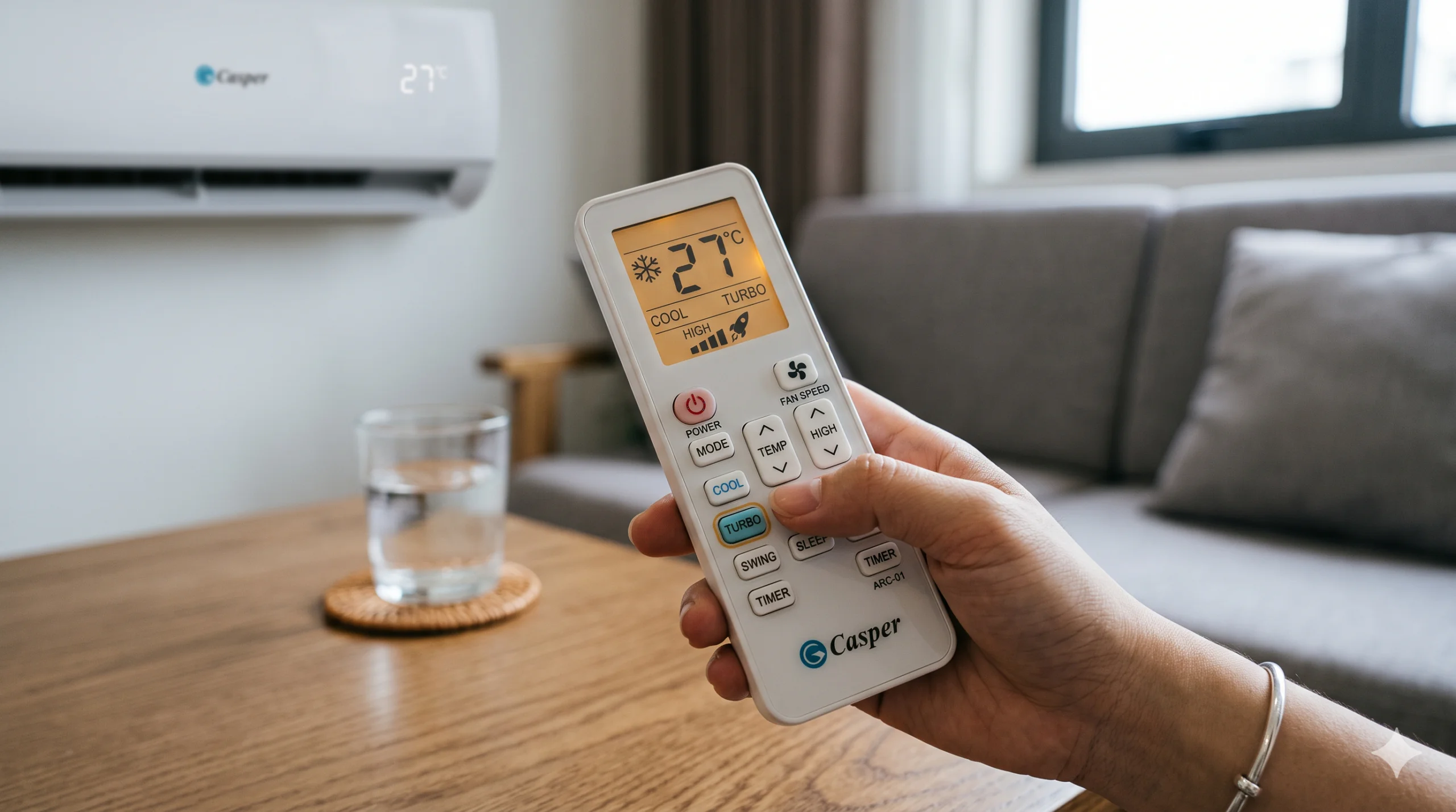 Hướng dẫn cách chỉnh điều hòa Casper làm mát nhanh và tiết kiệm điện: Chọn COOL, bật TURBO, chỉnh 26-28 độ C và chọn quạt HIGH
