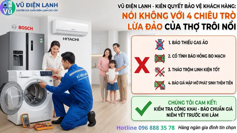 Đồ họa cảnh báo 4 chiêu trò lừa đảo của thợ sửa điều hòa trôi nổi: Báo thiếu gas ảo, cố tình báo hỏng bo mạch, tháo trộm linh kiện tốt và báo giá mập mờ phát sinh thêm tiền.
