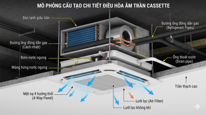 Đồ họa mô phỏng chi tiết cấu tạo điều hòa âm trần cassette gồm: mặt nạ 4 hướng thổi, dàn lạnh giấu trần, máng nước, bơm nước ngưng, ống thoát nước và đường ống đồng dẫn gas