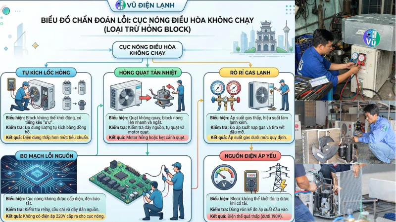 Biểu đồ chẩn đoán phân biệt các lỗi khiến cục nóng điều hòa không chạy nhưng không phải do hỏng block: Kiểm tra tụ kích lốc, hỏng quạt tản nhiệt, rò rỉ gas lạnh, bo mạch lỗi nguồn hoặc nguồn điện áp yếu