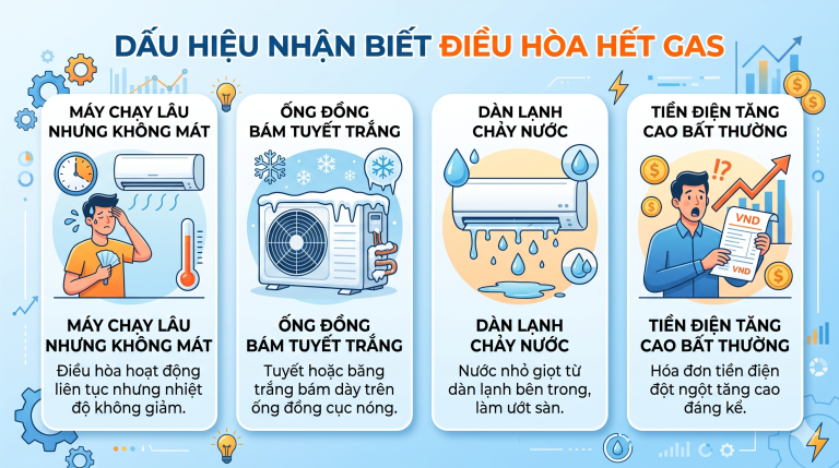 Đồ họa các dấu hiệu nhận biết điều hòa hết gas: Máy chạy lâu nhưng không mát, ống đồng bám tuyết trắng, dàn lạnh chảy nước và tiền điện tăng cao bất thường