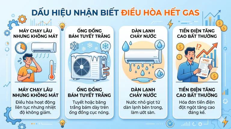 Đồ họa các dấu hiệu nhận biết điều hòa hết gas: Máy chạy lâu nhưng không mát, ống đồng bám tuyết trắng, dàn lạnh chảy nước và tiền điện tăng cao bất thường