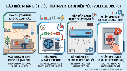 Đồ họa các dấu hiệu nhận biết điều hòa inverter bị điện yếu: Máy chạy nhưng không lạnh sâu, dàn nóng ngắt liên tục, đèn dàn lạnh nhấp nháy báo lỗi hoặc nhảy aptomat