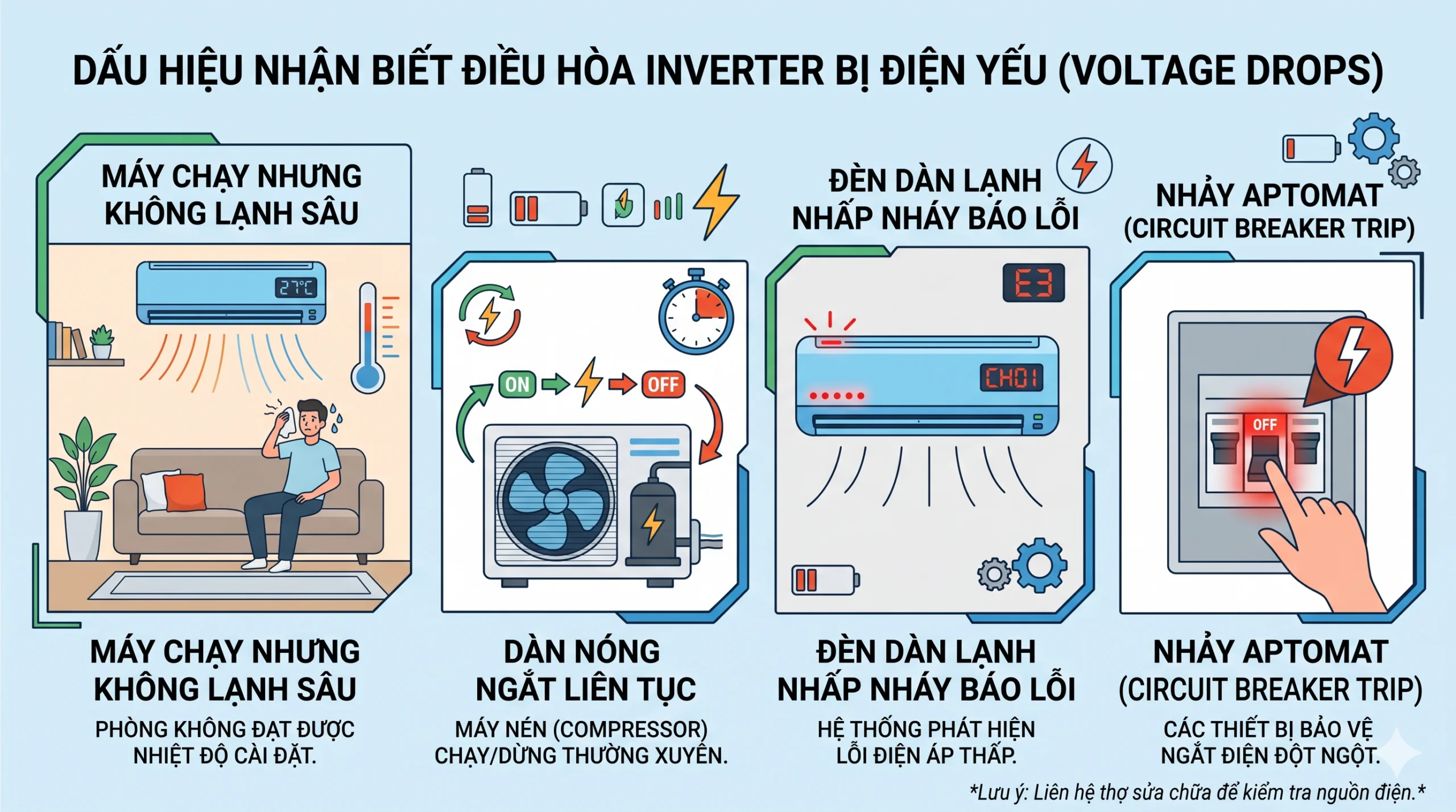 Đồ họa các dấu hiệu nhận biết điều hòa inverter bị điện yếu: Máy chạy nhưng không lạnh sâu, dàn nóng ngắt liên tục, đèn dàn lạnh nhấp nháy báo lỗi hoặc nhảy aptomat